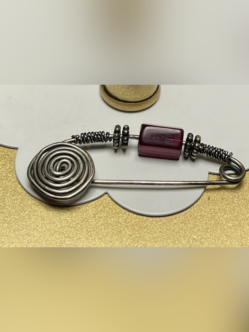 Handmade Silver tone  Wire Pin brooch  with Burgundy Glass Bead Vintage